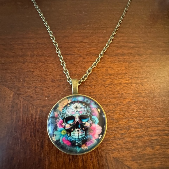 Sugar Skull Colorful Pendant Punk, Halloween Cabochon Badass Bronze Necklace - Picture 5 of 7